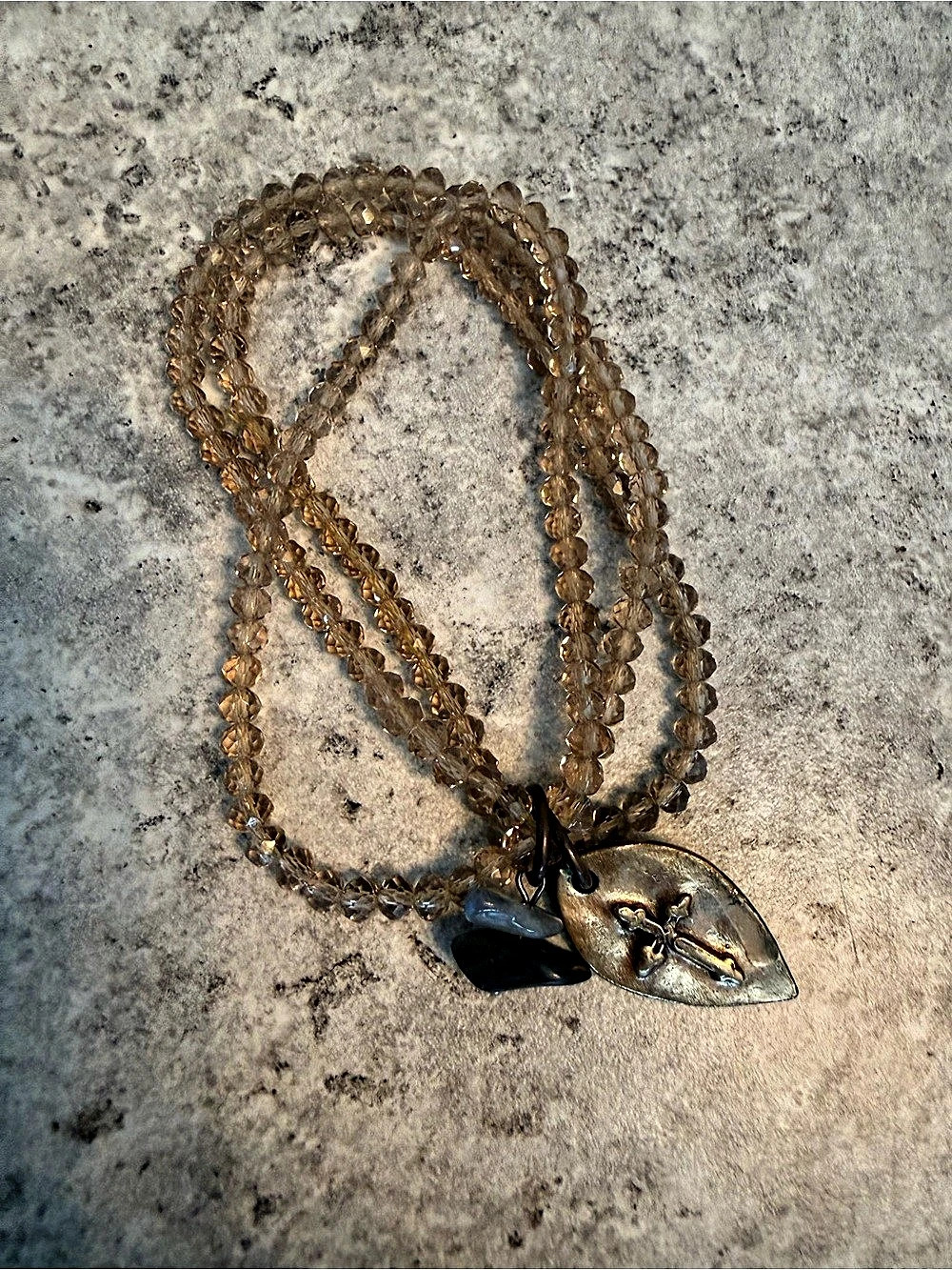 Beaded Leaf Pendant Bracelet with heart and cross